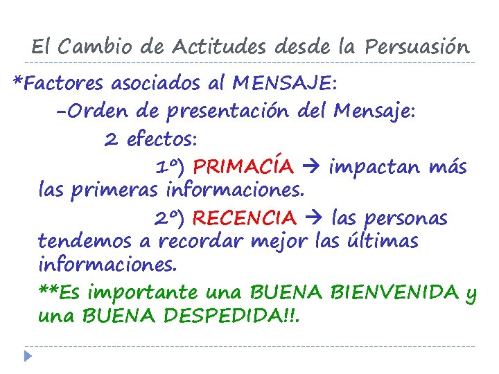 El Cambio de Actitudes desde la Persuasión *Factores asociados al MENSAJE: -Orden de presentación