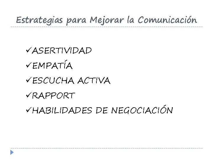 Estrategias para Mejorar la Comunicación üASERTIVIDAD üEMPATÍA üESCUCHA ACTIVA üRAPPORT üHABILIDADES DE NEGOCIACIÓN 