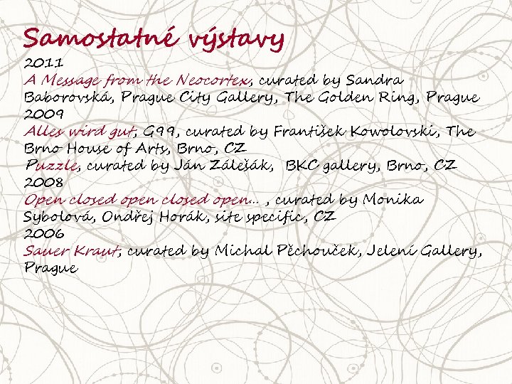 Samostatné výstavy 2011 A Message from the Neocortex, curated by Sandra Baborovská, Prague City