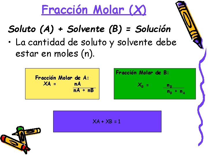 Fracción Molar (X) Soluto (A) + Solvente (B) = Solución • La cantidad de