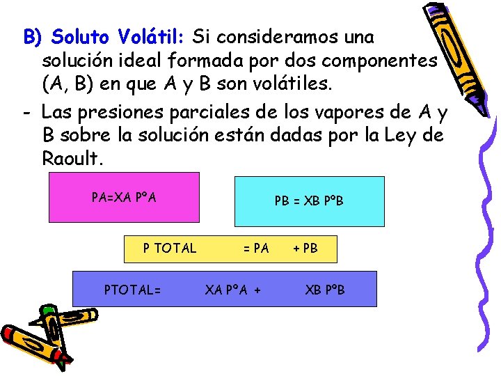 B) Soluto Volátil: Si consideramos una solución ideal formada por dos componentes (A, B)