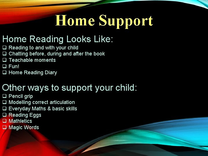 Home Support Home Reading Looks Like: q q q Reading to and with your