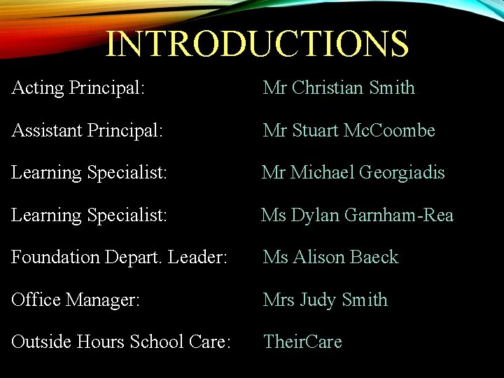INTRODUCTIONS Acting Principal: Mr Christian Smith Assistant Principal: Mr Stuart Mc. Coombe Learning Specialist:
