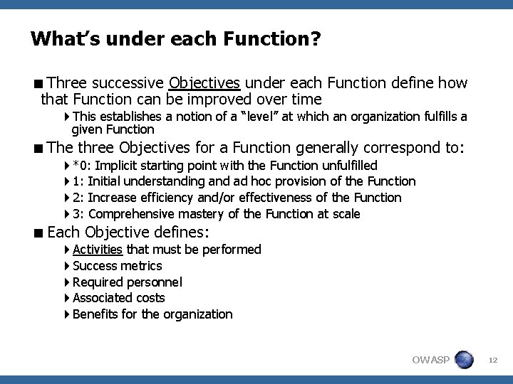 What’s under each Function? <Three successive Objectives under each Function define how that Function