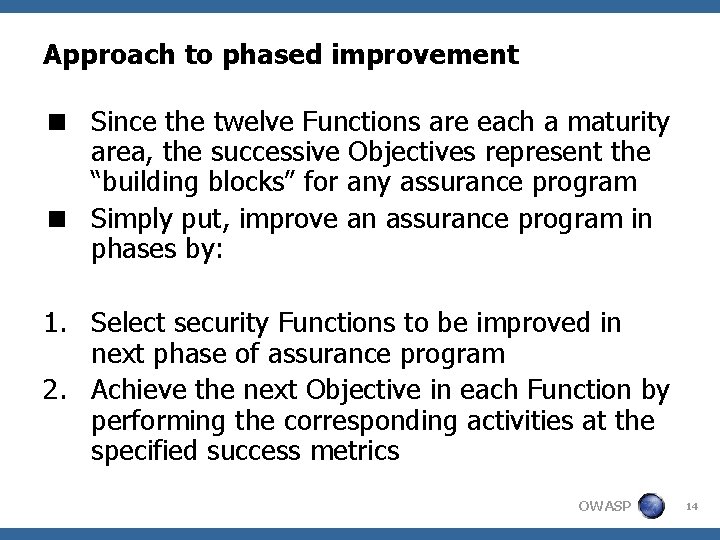 Approach to phased improvement < Since the twelve Functions are each a maturity area,