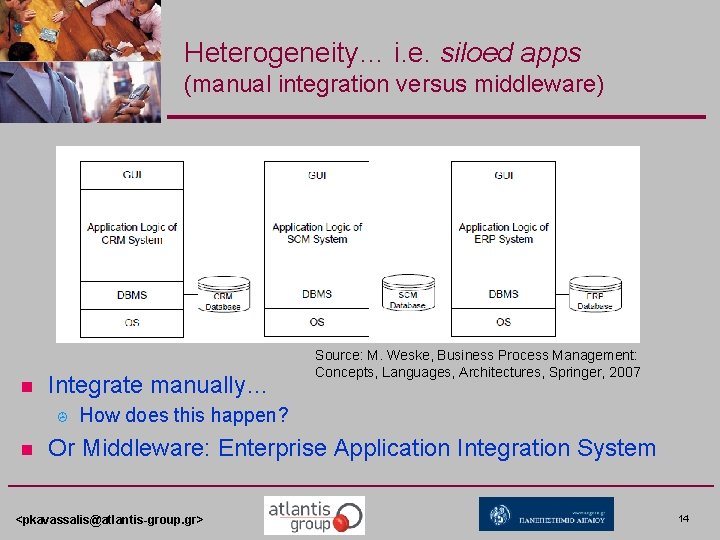 Heterogeneity… i. e. siloed apps (manual integration versus middleware) n Integrate manually… > n