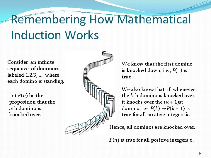 Remembering How Mathematical Induction Works Consider an infinite sequence of dominoes, labeled 1, 2,
