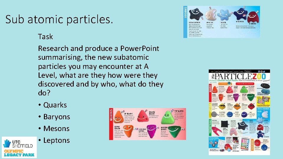 Sub atomic particles. Task Research and produce a Power. Point summarising, the new subatomic