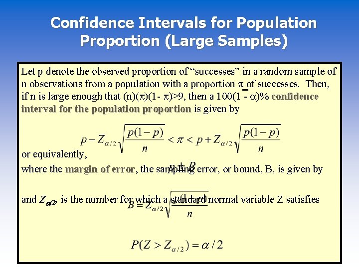 Confidence Intervals for Population Proportion (Large Samples) Let p denote the observed proportion of