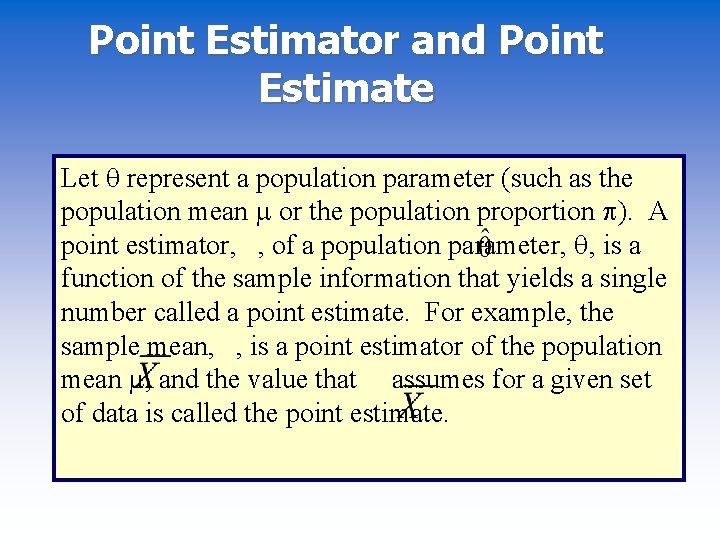 Point Estimator and Point Estimate Let represent a population parameter (such as the population