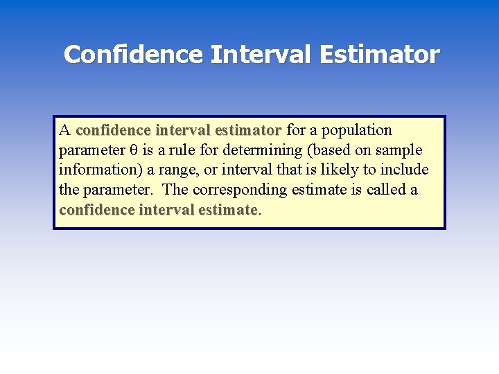 Confidence Interval Estimator A confidence interval estimator for a population parameter is a rule