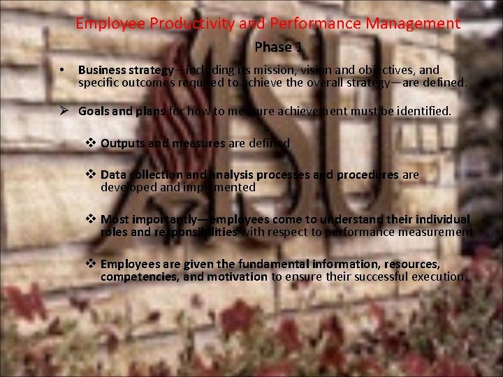 Employee Productivity and Performance Management Phase 1 • Business strategy—including its mission, vision and