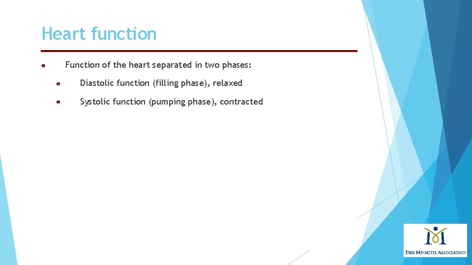 Heart function Function of the heart separated in two phases: Diastolic function (filling phase),