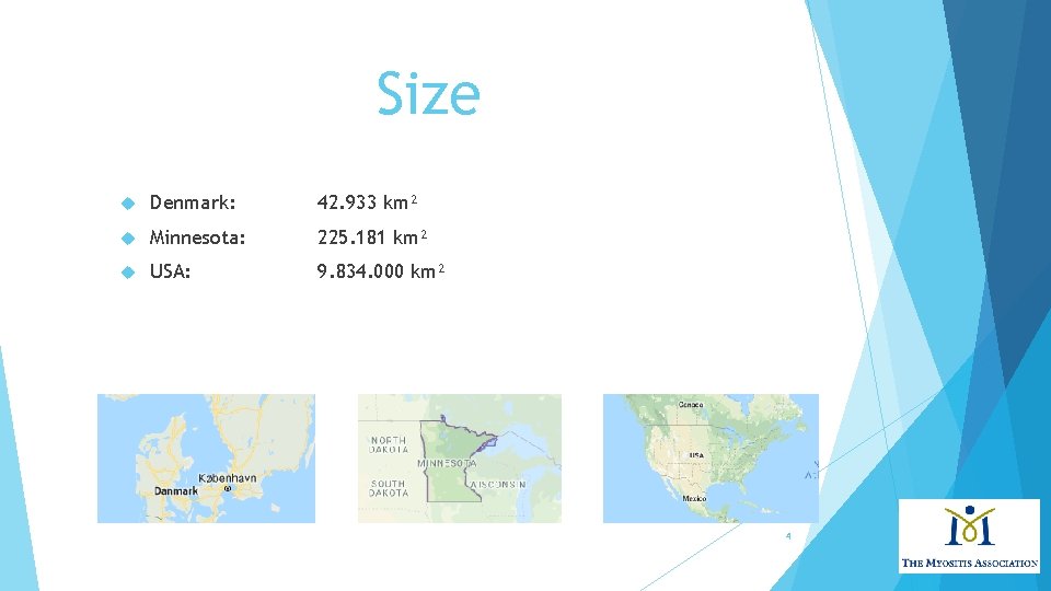 Size Denmark: 42. 933 km² Minnesota: 225. 181 km² USA: 9. 834. 000 km²