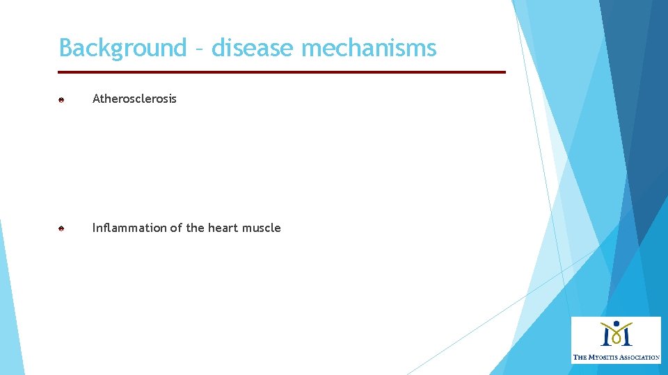 Background – disease mechanisms Atherosclerosis Inflammation of the heart muscle 
