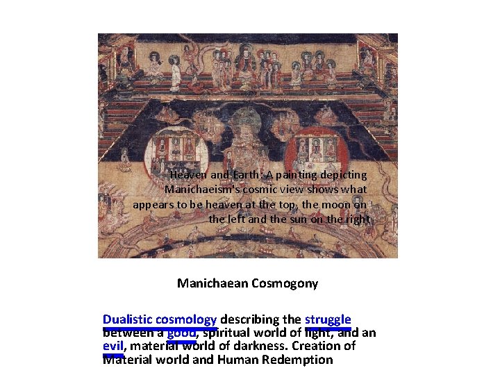 Heaven and Earth: A painting depicting Manichaeism's cosmic view shows what appears to be