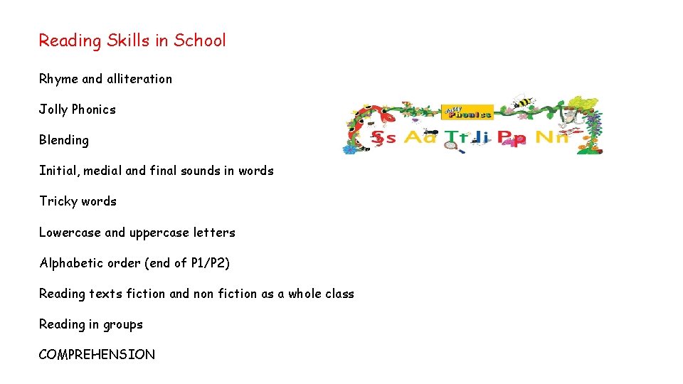 Reading Skills in School Rhyme and alliteration Jolly Phonics Blending Initial, medial and final