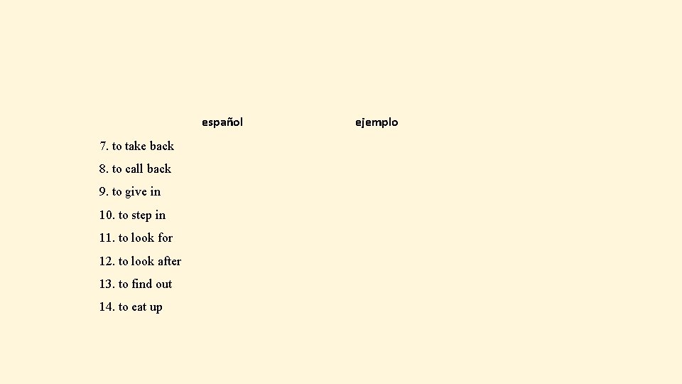 español 7. to take back 8. to call back 9. to give in 10.