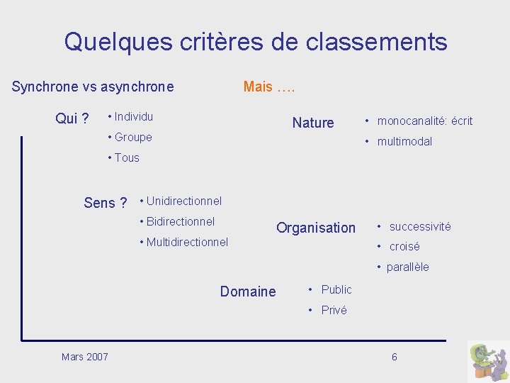 Quelques critères de classements Synchrone vs asynchrone Qui ? Mais …. • Individu Nature