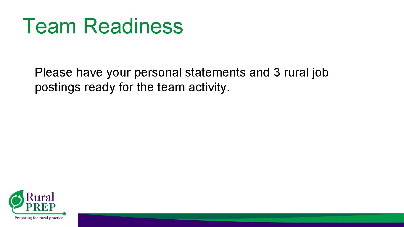 Team Readiness Please have your personal statements and 3 rural job postings ready for