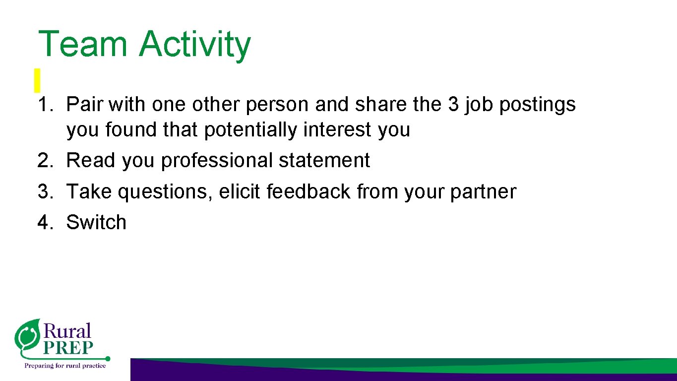 Team Activity 1. Pair with one other person and share the 3 job postings