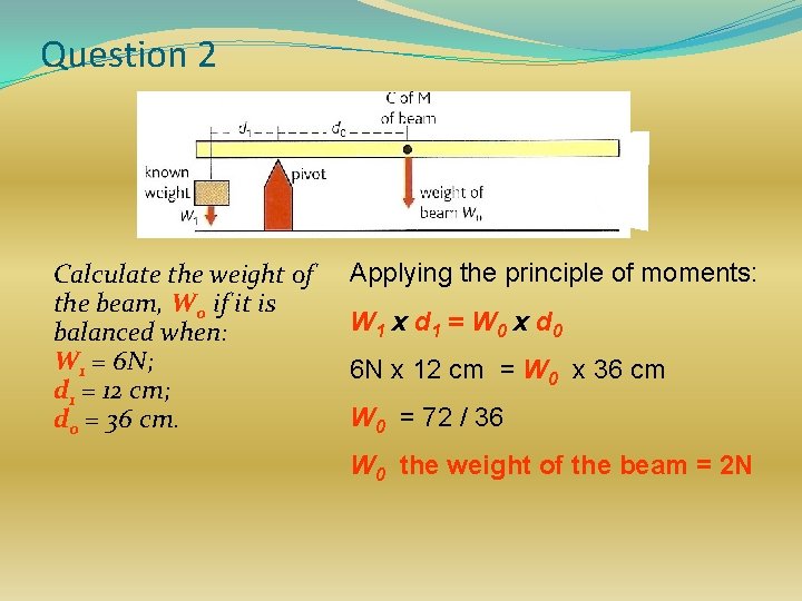 Question 2 Calculate the weight of the beam, W 0 if it is balanced