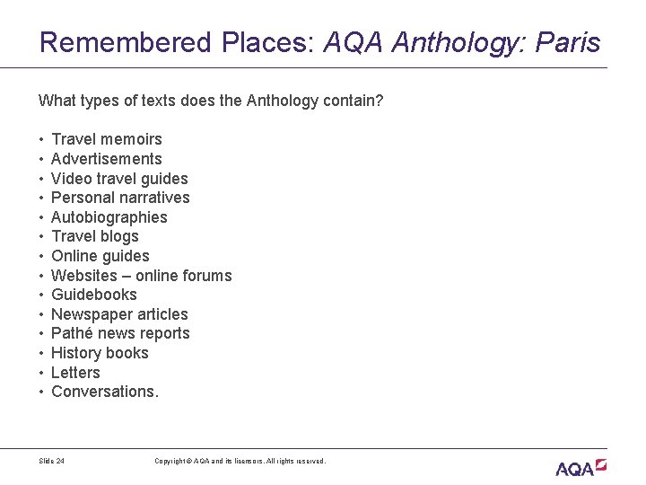 Remembered Places: AQA Anthology: Paris What types of texts does the Anthology contain? •