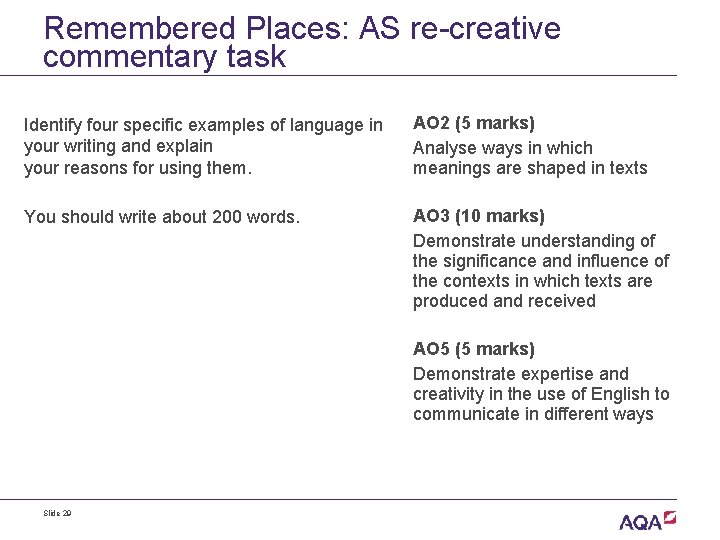 Remembered Places: AS re-creative commentary task Identify four specific examples of language in your