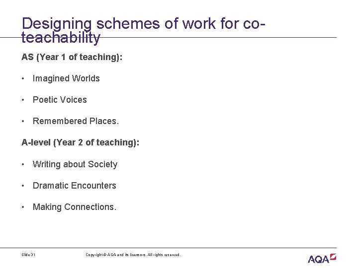 Designing schemes of work for coteachability AS (Year 1 of teaching): • Imagined Worlds