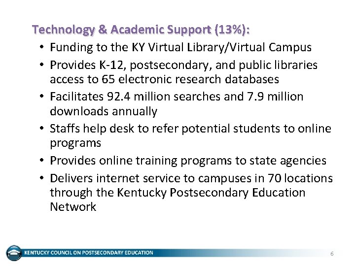 Technology & Academic Support (13%): • Funding to the KY Virtual Library/Virtual Campus •