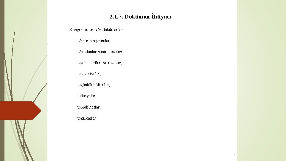 2. 1. 7. Doküman İhtiyacı Kongre sırasındaki dokümanlar: kesin programlar, katılanların isim listeleri, yaka