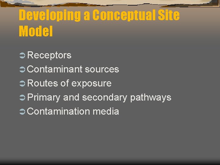Developing a Conceptual Site Model Ü Receptors Ü Contaminant sources Ü Routes of exposure