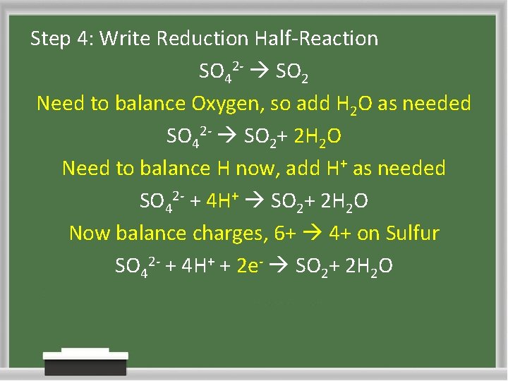 Step 4: Write Reduction Half-Reaction SO 42 - SO 2 Need to balance Oxygen,