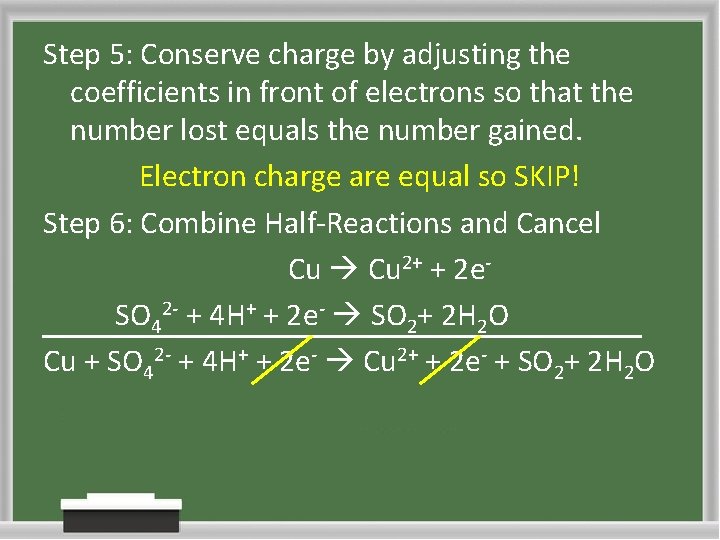 Step 5: Conserve charge by adjusting the coefficients in front of electrons so that
