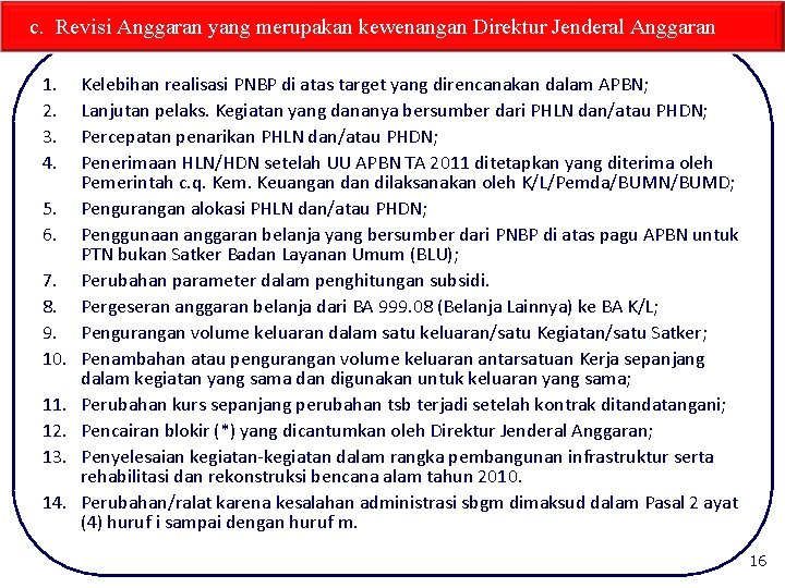 c. Revisi Anggaran yang merupakan kewenangan Direktur Jenderal Anggaran 1. 2. 3. 4. 5.