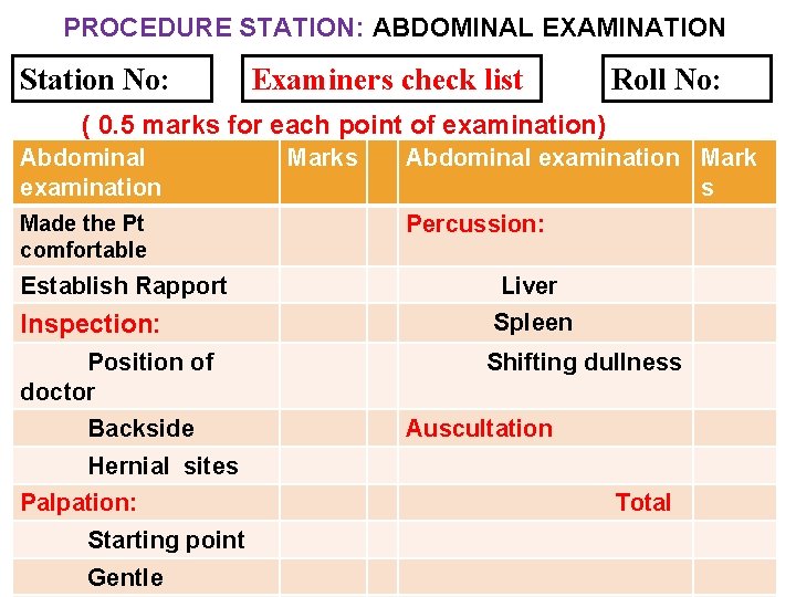 PROCEDURE STATION: ABDOMINAL EXAMINATION Station No: Examiners check list Roll No: ( 0. 5