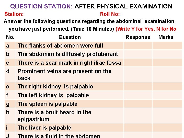 QUESTION STATION: AFTER PHYSICAL EXAMINATION Station: Roll No: Answer the following questions regarding the