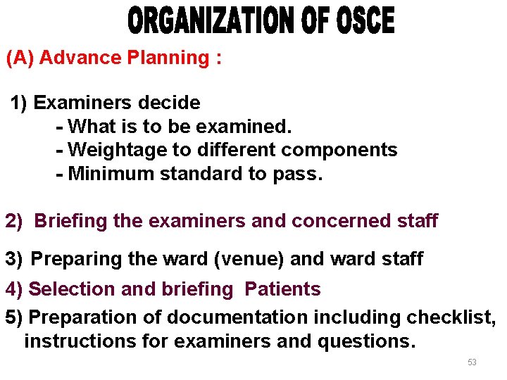 (A) Advance Planning : 1) Examiners decide - What is to be examined. -