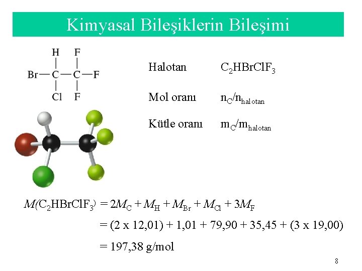 Kimyasal Bileşiklerin Bileşimi Halotan C 2 HBr. Cl. F 3 Mol oranı n. C/nhalotan