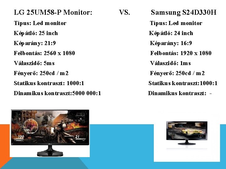 LG 25 UM 58 -P Monitor: VS. Samsung S 24 D 330 H Típus: