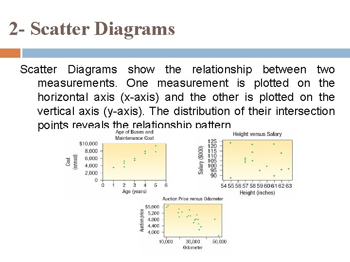 2 - Scatter Diagrams show the relationship between two measurements. One measurement is plotted