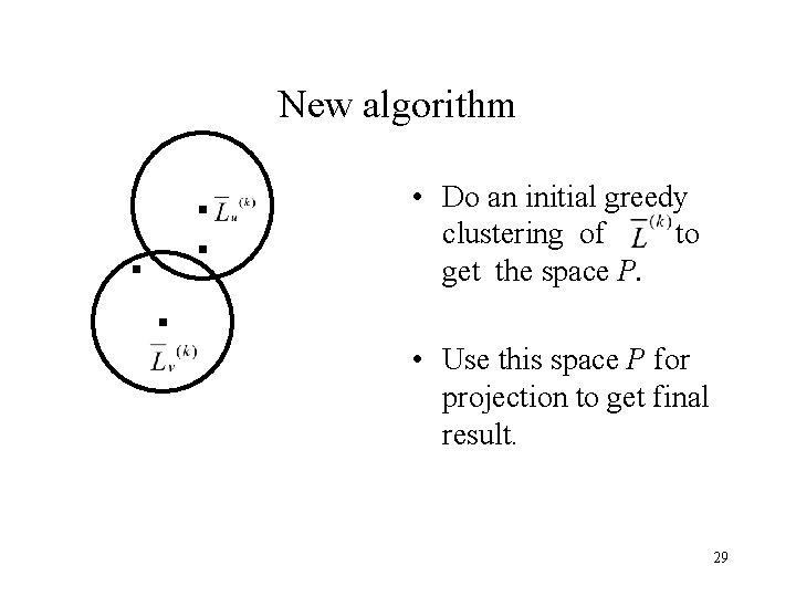 New algorithm • Do an initial greedy clustering of to get the space P.