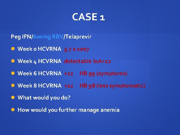 CASE 1 Peg IFN/600 mg RBV/Telaprevir Week 0 HCVRNA 3. 7 x 10 e