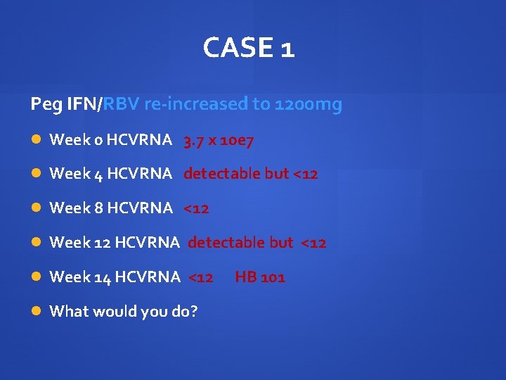 CASE 1 Peg IFN/RBV re-increased to 1200 mg Week 0 HCVRNA 3. 7 x