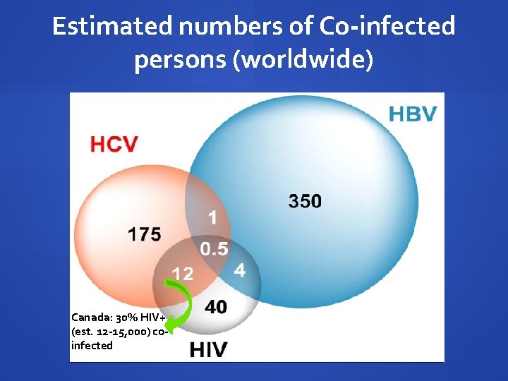Estimated numbers of Co-infected persons (worldwide) Canada: 30% HIV+ (est. 12 -15, 000) coinfected