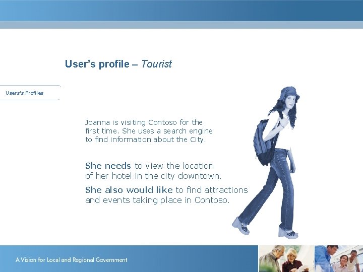 User’s profile – Tourist Users’s Profiles Joanna Brown - Tourist Joanna is visiting Contoso