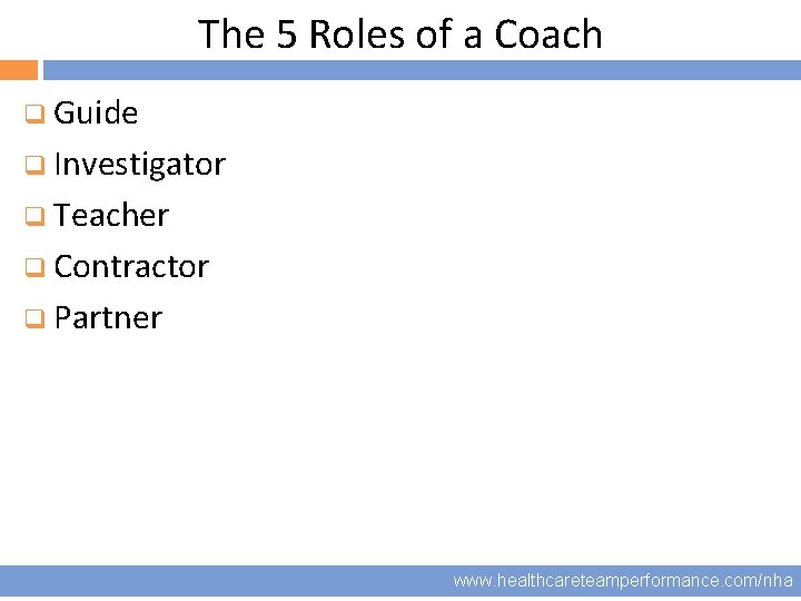 The 5 Roles of a Coach q Guide 14 q Investigator q Teacher q
