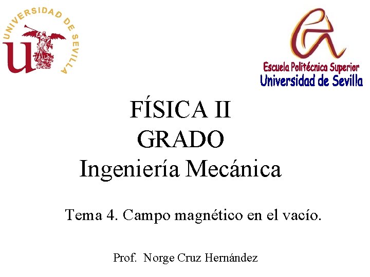 FÍSICA II GRADO Ingeniería Mecánica Tema 4. Campo magnético en el vacío. Prof. Norge