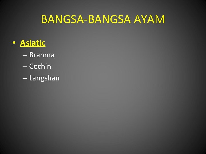 BANGSA-BANGSA AYAM • Asiatic – Brahma – Cochin – Langshan 