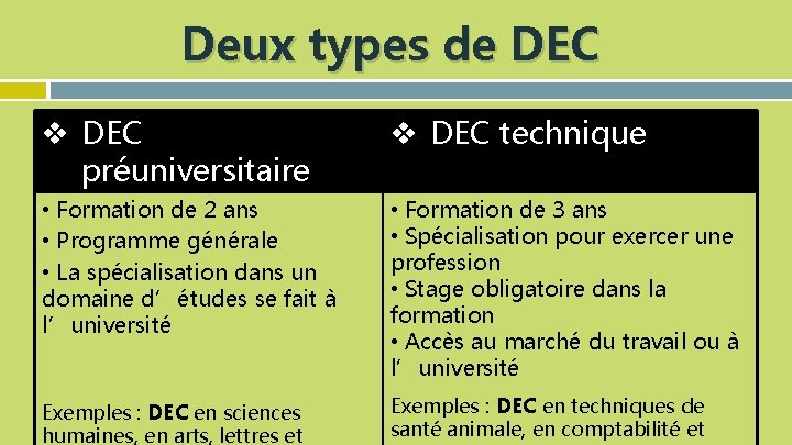 Deux types de DEC v DEC préuniversitaire v DEC technique • Formation de 2